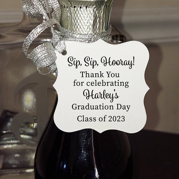 Graduation Sip Sip Hooray Favor Tags, Graduation Mini Champagne Bottle Tags, Personalized Thank You Graduation Favor Tags