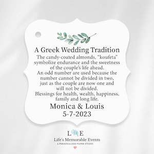 A Greek Wedding Tradition, Koufeta Candy Coated Almond Tags, Greek Jordan Almond Wedding Tags, Personalized Greek Wedding Koufeta Tags