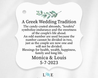 A Greek Wedding Tradition, Koufeta Candy Coated Almond Tags, Greek Jordan Almond Wedding Tags, Personalized Greek Wedding Koufeta Tags