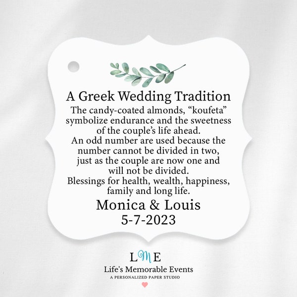 A Greek Wedding Tradition, Koufeta Candy Coated Almond Tags, Greek Jordan Almond Wedding Tags, Personalized Greek Wedding Koufeta Tags