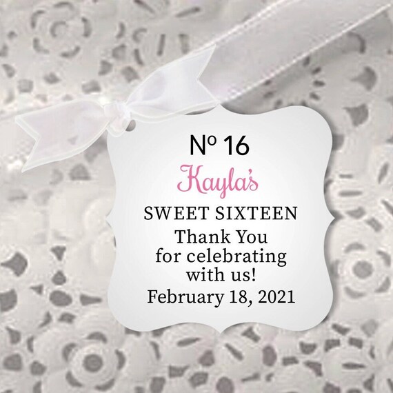 Sweet Sixteen Favor Tags, Black & Pink Birthday Thank You Favor Tags, Personalized Tags for Milestone Birthday Il_570xn