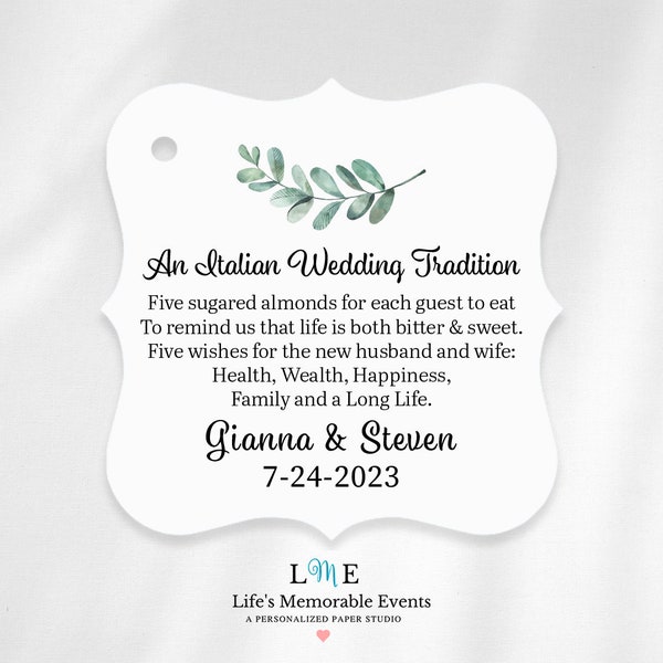 An Italian Wedding Jordan Almond Favor Tags, Italian Confetti Tags, Personalized Watercolor Greenery Wedding Favor Tags, Organza Bag Tags