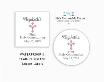 Girls First Holy Communion Labels, Pink Cross Holy Eucharist Stickers, Personalized Waterproof and Tear Resistant Labels