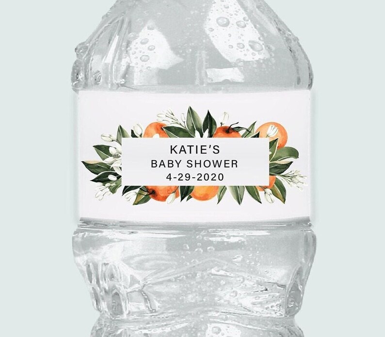 Little Cutie Baby Shower Water Bottle Labels, Orange Blossom Baby Shower, Personalized Waterproof Tear Resistant Labels, Bulk Order Pricing image 1