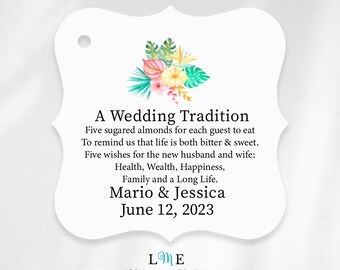 Tropical Wedding Tradition Jordan Almond Favor Tags, Five Wishes for The New Mr and Mrs, Personalized Wedding Candy Organza Bag Tags