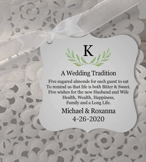 A Wedding Tradition Jordan Almond Favor Tags, Five Sugared Almonds, Monogram Laurel Wreath Favor ...