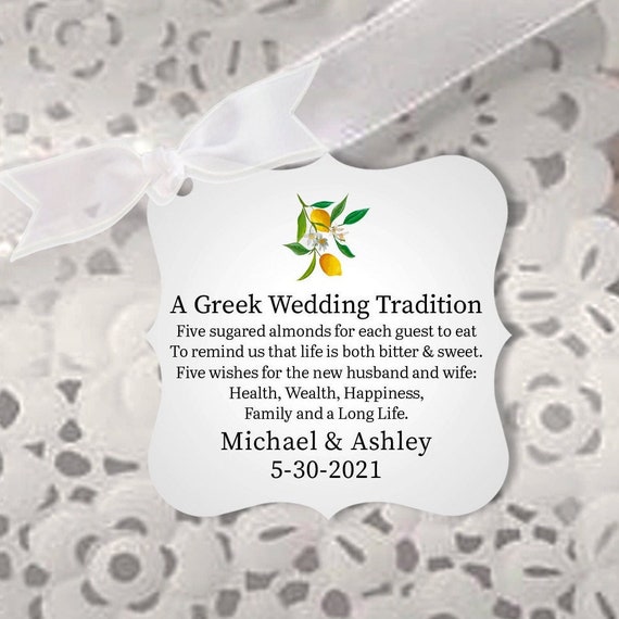 A Greek Wedding Tradition Favor Tags, Five Sugared Almonds, Five Wishes