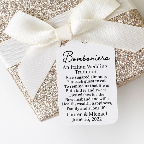 Italian Wedding Tradition Favor Tags, Five Wishes For The New Husband and Wife Tags, Personalized Jordan Almond Wedding Favor Tags