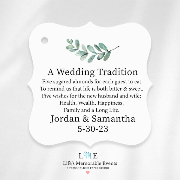 A Wedding Tradition, Jordan Almond Tags, Five Wishes for the New Husband and Wife, Personalized Greenery Wedding Candy Organza Bag Tags