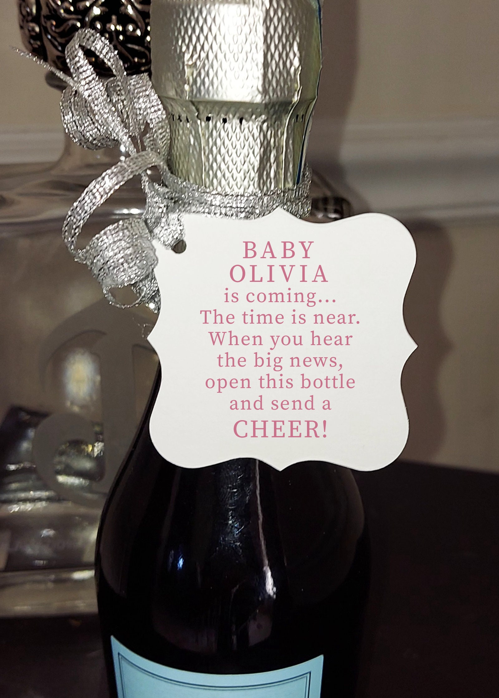 Baby Girl Shower Mini Champagne Bottle Tags, Send a Cheer for Baby