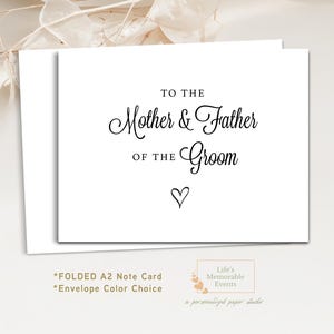 Mother and Father of The Groom Wedding Card, Parents of The Groom Notecard, Card for Grooms Parents, Folded A2 Card, Envelope Color Choice!