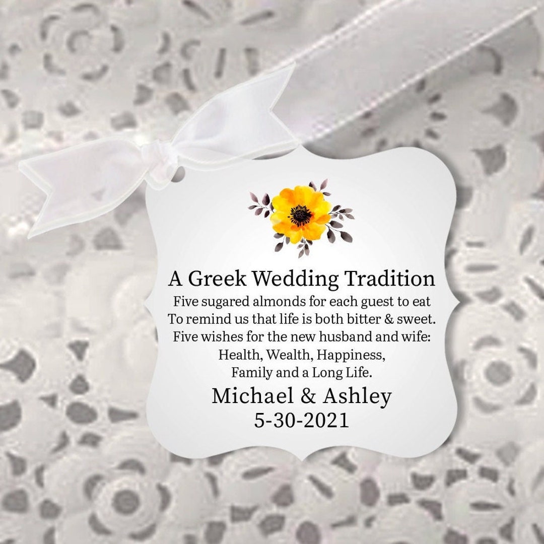 A Greek Wedding Tradition Jordan Almond Favor Tags, Five Sugared Almonds, Personalized Sunflower