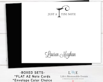 Fun Martini Note Cards, Personalized Martini Lover Gift Idea Just-A-Tini Note BOXED Set A2 Notecards with Envelope Color Choice