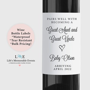 Baby Announcement Great Aunt & Great Uncle Pregnancy Announcement New Aunt Uncle Personalized Waterproof Tear Resistant Labels, Bulk Pricing