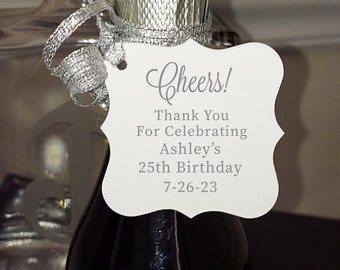 25th Birthday Mini Champagne Bottle Tags, Cheers Milestone Birthday Tags, Personalized Thank You Birthday Favor Tags for Any Age!