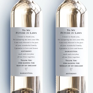 To My Future In Laws Wine Bottle Labels, Thank You Parents In Law Wine Labels, From Bride & Groom Labels, Waterproof and Tear Resistant