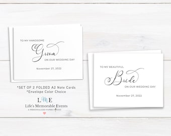 Set of 2 Couple Wedding Day Cards, To My Groom Card, To My Bride, Folded A2 Note Cards, Bride and Groom Personalized Note Cards