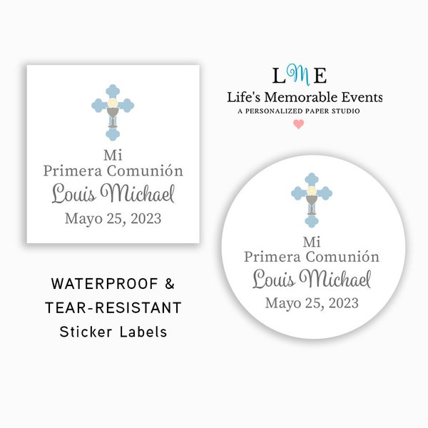 Spanish First Holy Communion Stickers, Blue Christian Cross, Holy Eucharist Stickers, PersonalizedWaterproof and Tear Resistant Labels