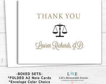 Law School Grad Thank You Cards, Black Gold Law Graduation Thank You Cards, Justice Scale Thank You Personalized Note Cards, Bulk Pricing