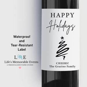 Merry Christmas Wine Bottle Label, Hostess Holiday Wine Gift Idea, Personalized Waterproof and Tear Resistant Labels, Bulk Order Pricing Happy Holidays