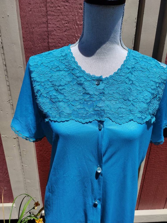 Vintage Teal Night Top Lace Button Up Turquoise 1… - image 2