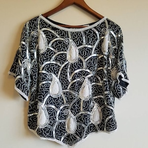 Vintage Silk Beaded Blouse 1980s Top Silver Black Beads Sequins Classy Elegant Beautiful Made in India 100% Silk 80s Clothing
