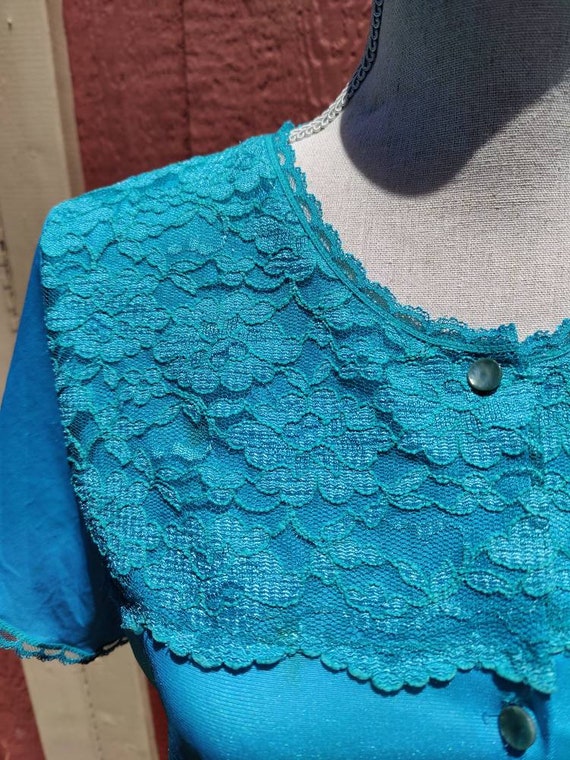 Vintage Teal Night Top Lace Button Up Turquoise 1… - image 3