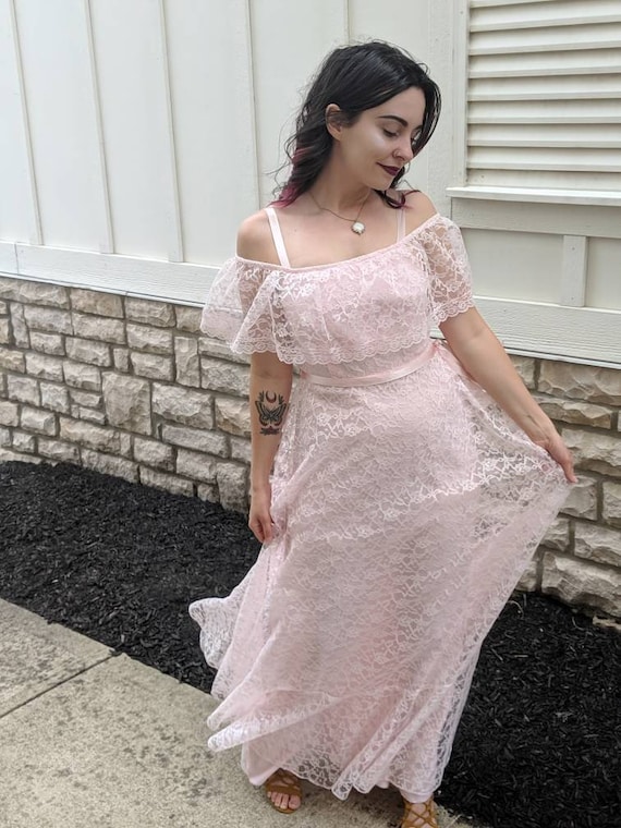 Vintage Pink Lace Dress 1960's CottageCore Fairy … - image 1