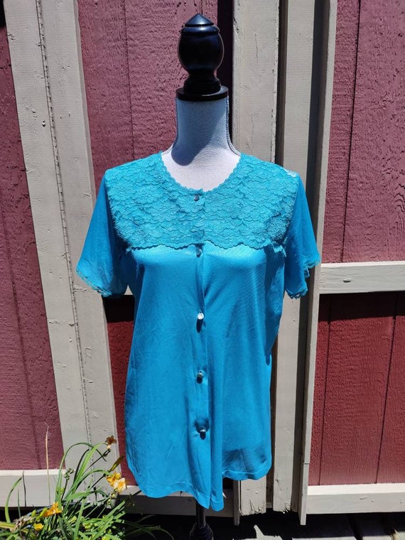 Vintage Teal Night Top Lace Button Up Turquoise 1… - image 1