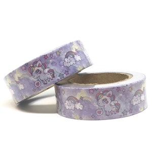 Rollo de cinta washi con unicornios y arcoíris en color lavanda