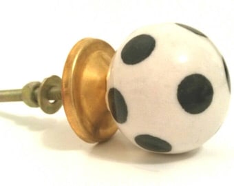 Ceramic Knob - Black & White Polka Dot Knob - Art Deco - Tin base and hardware Included - Dresser Drawer Pull - Handcrafted - Handmade Item