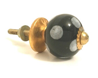 Ceramic Knob - Black & White Polka Dot Knob - Art Deco - Gold base - Hardware Included  - Dresser Drawer Pull - Handcrafted - Handmade Item