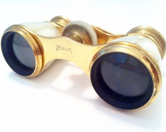 Antique Opera Glasses Busch Binoculars MOP Art Deco Design - Old Theater - Shabby Chic Decor - Mother of Pearl and Brass - Made in Germany