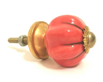 Ceramic Knob - Gold & Coral - Art Deco - Sunburst Knob - Tin base and hardware Included - Dresser Drawer Pull - Handcrafted - Handmade Item