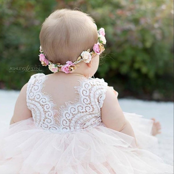 First Birthday Dress, Peach Cake smash outfit, Flower girl dress, Baby Lace  tutu dress