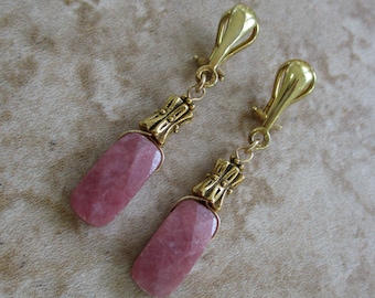 Pink Clip-On Earrings | Pink Stone Clip-On Earrings | Rhodonite Stone Clip-On Earrings