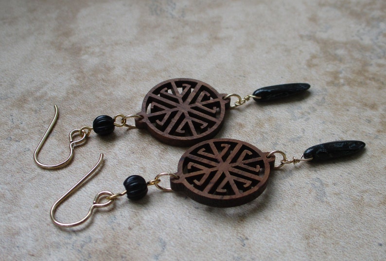 Small Wood Earrings with Black Drop Dangling Wood Earrings