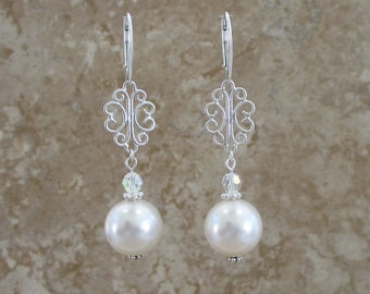 Pendientes blancos Swarovski Pearl Lever-Back / Plata / Novia / Boda