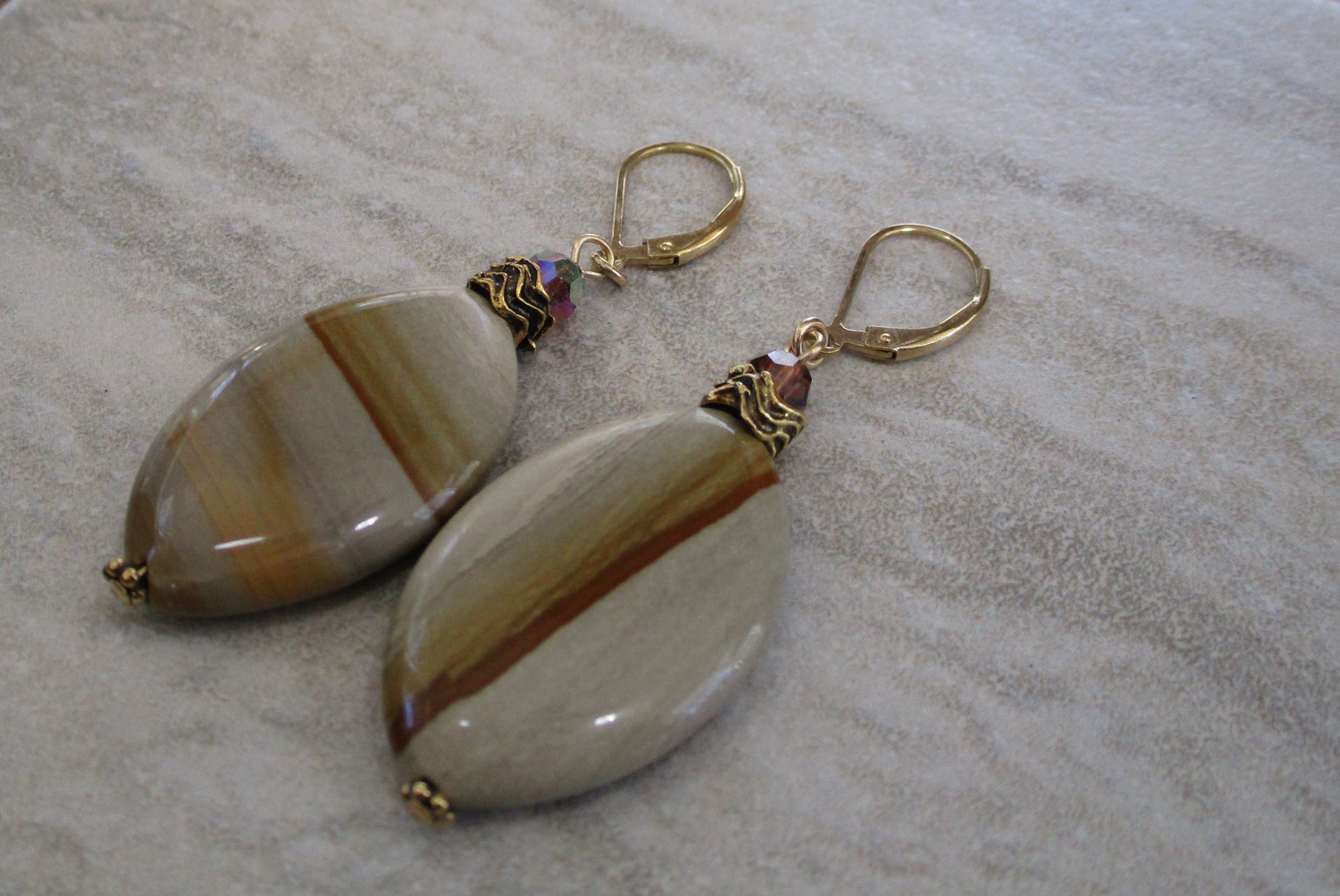 Beige and Brown Lever-back Earrings Beige Stone Lever-back