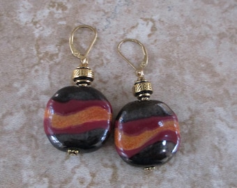 Berry, Black, and Tan Kazuri Earrings | 14k Gold-Filled Lever Back