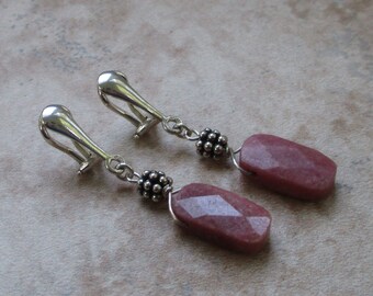 Pink Clip-On Earrings Silver | Pink Stone Clip-On Earrings | Rhodonite Stone Clip-On Earrings Silver