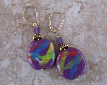 Purple Kazuri Earrings with Multi-Colored Splashes | 14k Gold-Filled