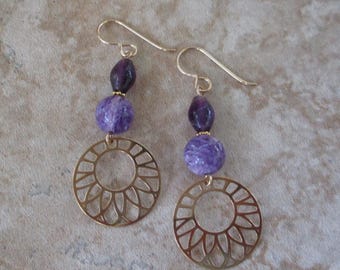 Purple Earrings | Charoite and Amethyst Gold-Filled Ear Wires