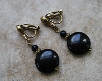 Clip-On Earrings | Black Onyx Clip-On Earrings | Black Coin-Shaped Stone Earrings