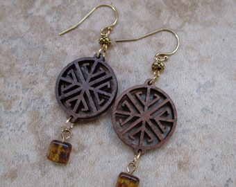 Small Wood Earrings with Square Accent Beads | 14k Gold-Filled Ear Wires