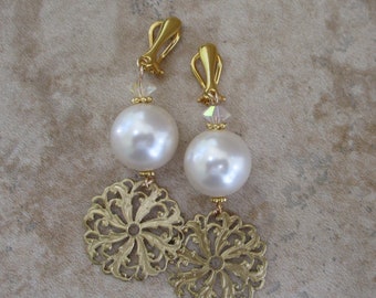 Pendientes Clip-On con Perlas Blancas Swarovski / Pendientes de Novia