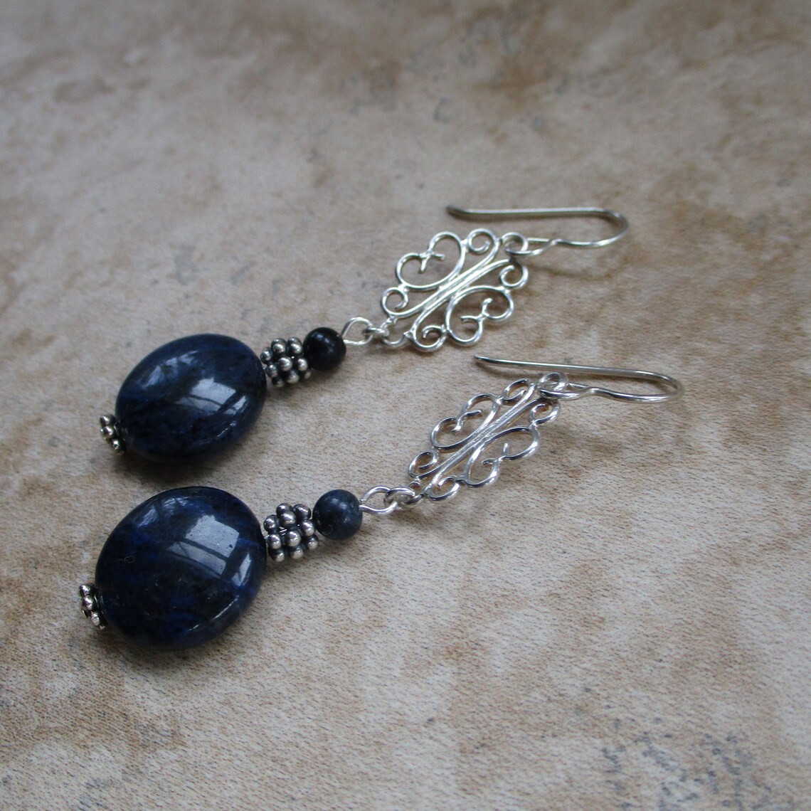 Navy Blue Earrings Silver Dangling Navy Blue Stone Earrings Etsy