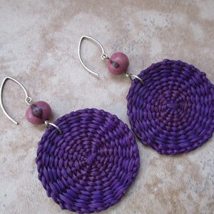 Purple Iraca Fiber Earrings - Purple Boho Earrings - Purple Woven Earrings