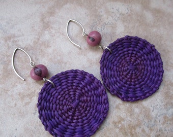 Purple Iraca Fiber Earrings - Purple Boho Earrings - Purple Woven Earrings