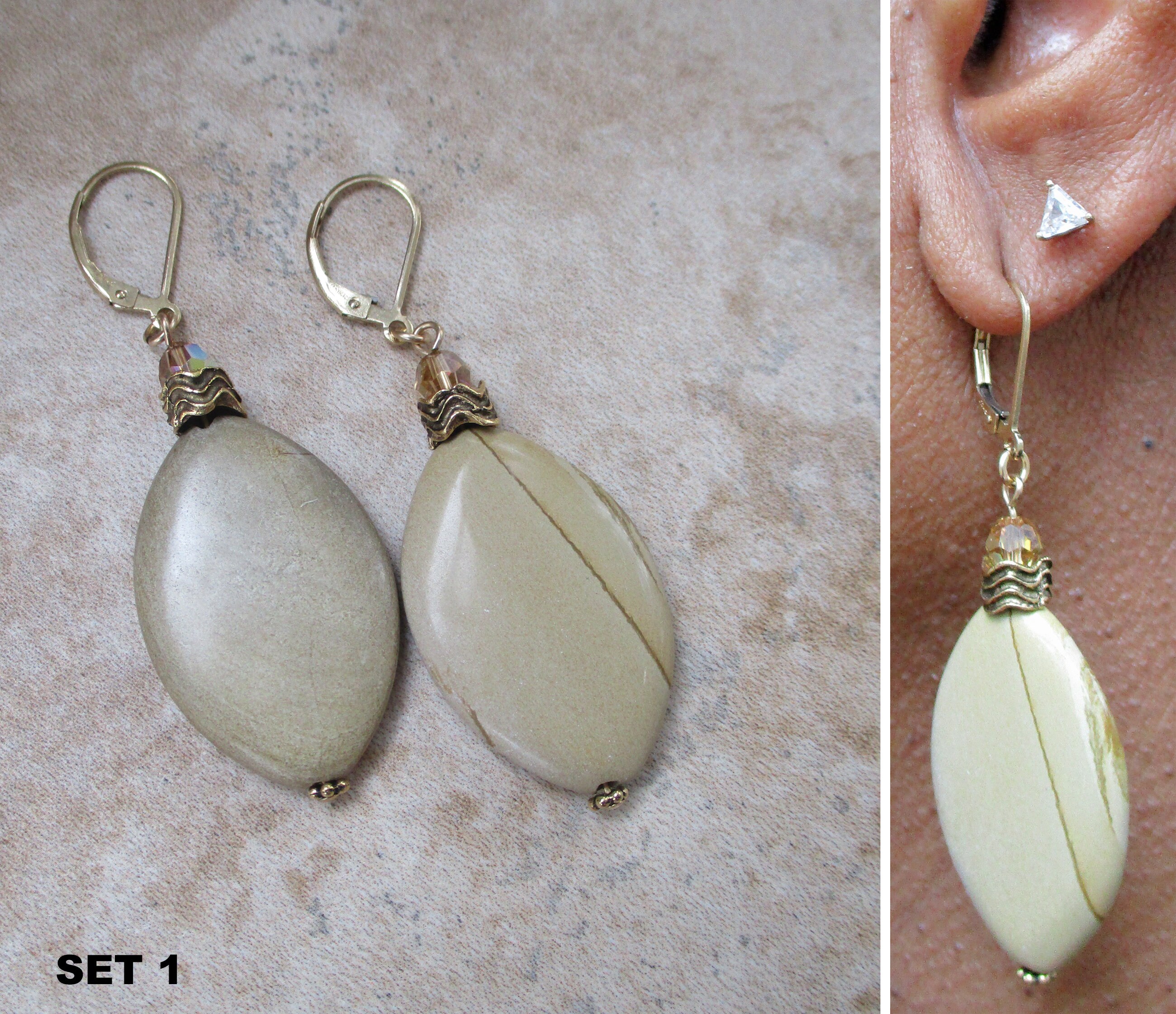 Beige Lever-back Earrings Owyhee Sunset Jasper Stone 14k Gold